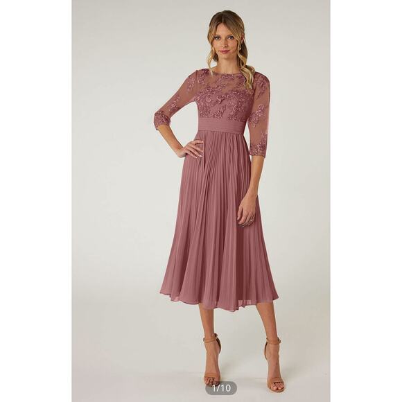 AZAZIE TUTU A-Line Boatneck Lace Chiffon Tea-Length Dress Desert Rose - Picture 1 of 11